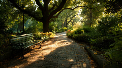 Peaceful pathway surrounded by lush greenery in a tranquil park during golden hour