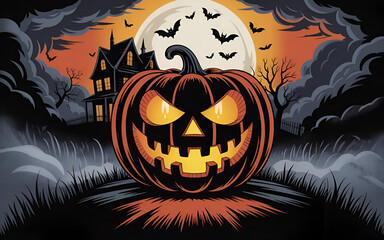 Spooky Halloween background with pumpkins, bats, full moon, haunted house silhouette, dark orange and black theme, no characters