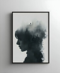Silhouette of a woman merging with misty forest landscape symbolizing introspection and connection to nature