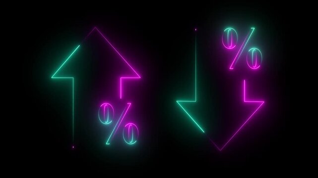 glowing neon Cost and quality control concept. Percentage icon of quality Successful  Percentage icon of quality with up arrow and cost with down arrow on the black background.