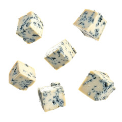 Seven cubes of blue cheese floating against a black background in a visually appealing arrangement