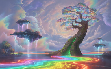 Magical fantasy landscape with floating islands, glowing rivers, surreal sky, colorful dreamy atmosphere, ultra high resolution