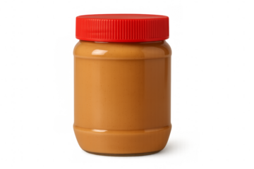 Peanut butter jar with red lid on transparent background