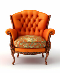 Elegant vintage armchair with a bold orange upholstery and intricate wooden details, designed to enhance stylish interiors and provide comfort