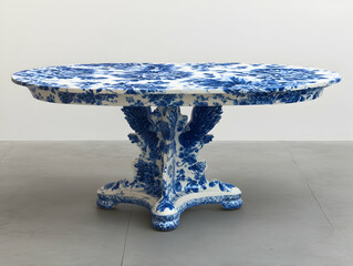 Intricate blue and white table showcasing craftsmanship in contemporary design and artistic expression in a modern gallery setting
