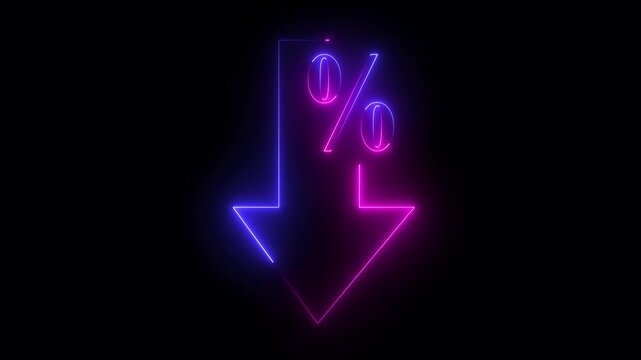 glowing neon Cost and quality control concept. Percentage icon of quality Successful  Percentage icon of quality with up arrow and cost with down arrow on the black background.
