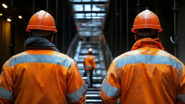 A group of construction workers in orange protective gear walking up the stairs at a work site