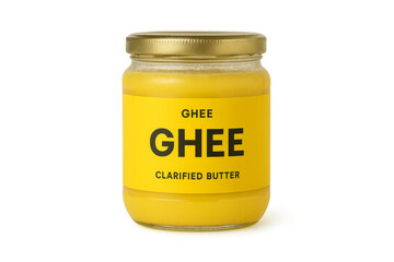 Glass jar of clarified butter ghee with transparent background