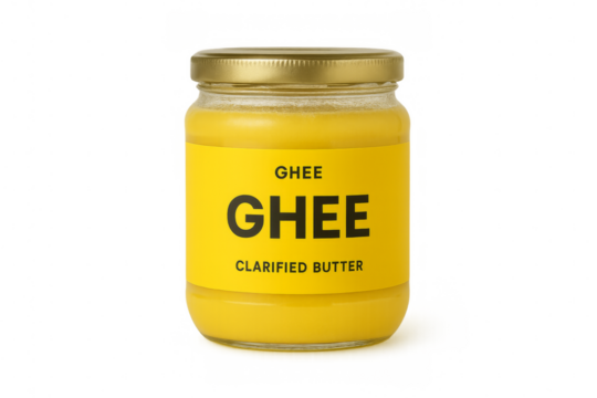 Glass jar of clarified butter ghee with transparent background