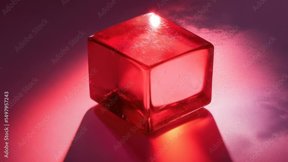 Poster a single red glass block sits on a table, suitable for use in still life photography or as a decorat