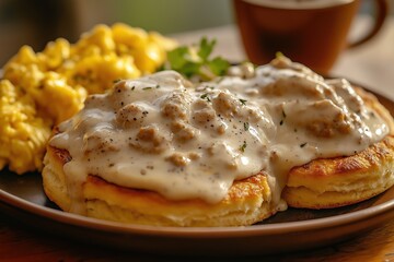 Biscuits And Gravy Breakfast With Scrambled Eggs And Southern Kitchen Charm