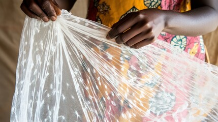 Dark-skinned person holding a light mesh mosquito net for malaria protection.