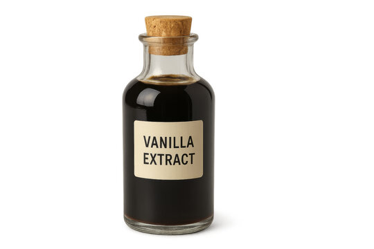 Glass jar containing vanilla extract with cork lid on transparent background