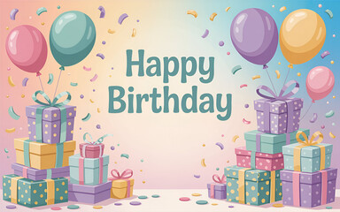 Happy Birthday greeting card template with balloons, confetti, and gift boxes, pastel colors, empty space for text, no people