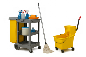 Cleaning cart with supplies, mop bucket, and cleaning equipment on transparent background
