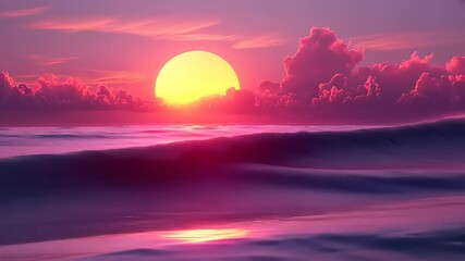 A mesmerizing sunset over the ocean with vibrant pink and purple hues painting the sky and water - Powered by Adobe