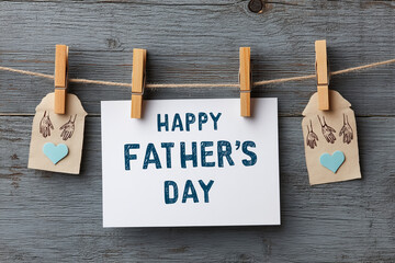 Photo of Happy Father's Day in blue marker on white paper on a clothesline with toddler toys, perfect for nursery-themed promotions.