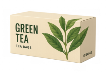 Green tea cardboard box with transparent background featuring tea leaves illustration