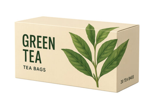 Green tea cardboard box with transparent background featuring tea leaves illustration