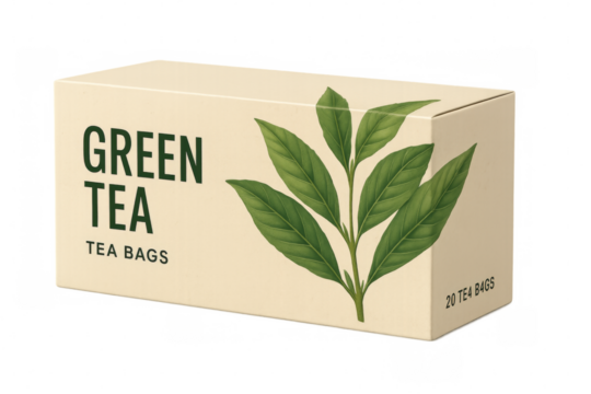 Green tea cardboard box with transparent background featuring tea leaves illustration