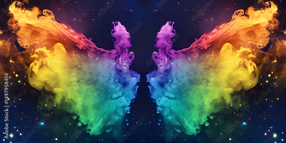 Wall mural symmetrical rainbow smoke wings on a dark starry background creating an abstract colorful effect