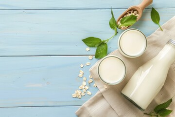 A blue table holds a bottle of milk and two glasses of milk