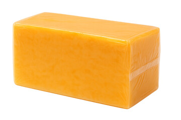 Large block of cheddar cheese wrapped in plastic on transparent background