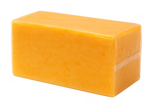 Large block of cheddar cheese wrapped in plastic on transparent background