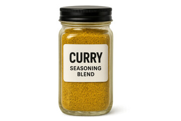 Glass jar filled with curry seasoning blend on transparent background