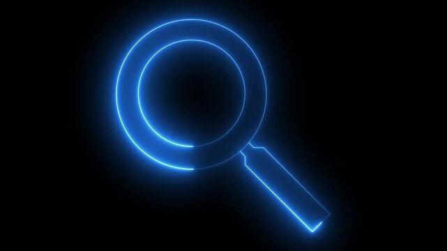 Glowing neon search icon animation on the black background.4k video animated.