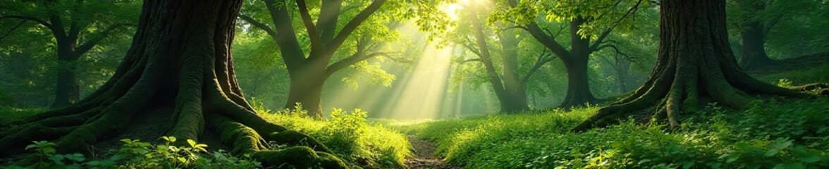 Obraz premium Serene woodland scene, dappled sunlight filtering through ancient trees, lush green undergrowth, tranquil atmosphere, perfect for nature backgrounds , country, leaves, outdoors