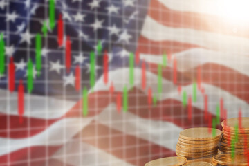 US financial system. American stock market crisis. Arrows down near US flag. Franklin with dollar...