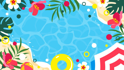 Summer background frame with sea, foliage, sand and flowers in vector, flat style.