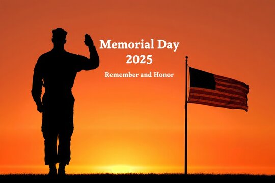 Memorial day 2025 silhouette soldier saluting flag sunset - Powered by Adobe