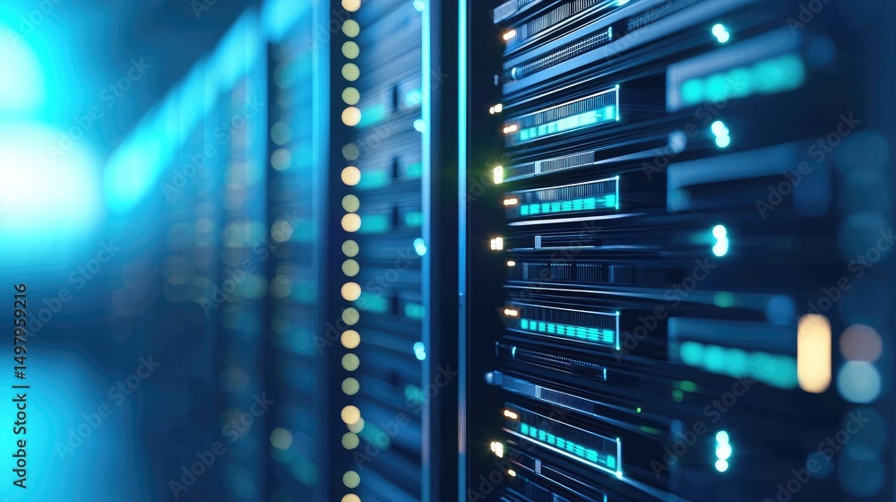 Poster Close-up of illuminated server blades in a high-tech data center with glowing lights and soft blur, perfect for cloud computing, IT marketing, and futuristic tech themes