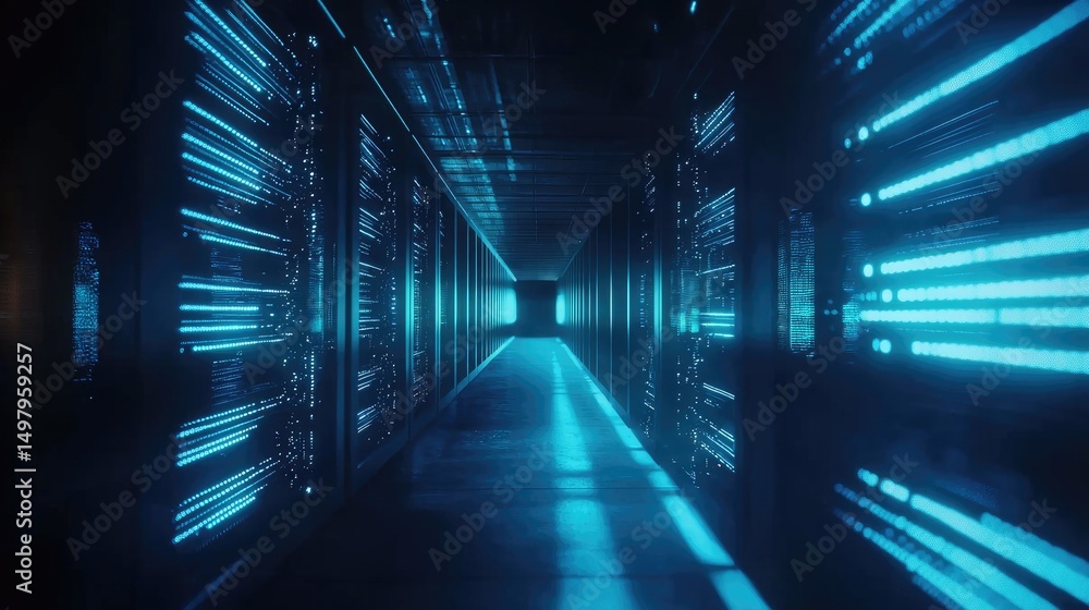 Poster Futuristic data center corridor with glowing blue server racks and neon reflections, ideal for technology ads, cybersecurity visuals, and AI or cloud infrastructure themes