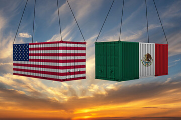 The concept of USA and Mexico export-import, container transporting and delivery of goods.The transporting container with the national flag of USA and Mexico, view front. Competition between countries