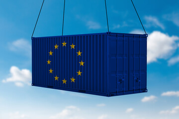 European union (eu) flag cargo shipping container hanging in the sky. concept of business and trade...