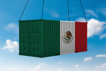 Freight containers with Mexico flag, clouds background