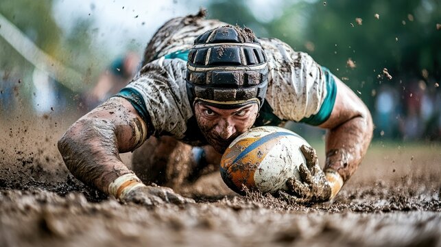 A rugby player covered in mud dives with the ball to score a try. - Powered by Adobe