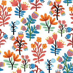 Seamless floral pattern with delicate hand-drawn modern flowers. Vintage pastel color palette. Ideal for fabric, wallpaper, stationery, packaging, and surface design.