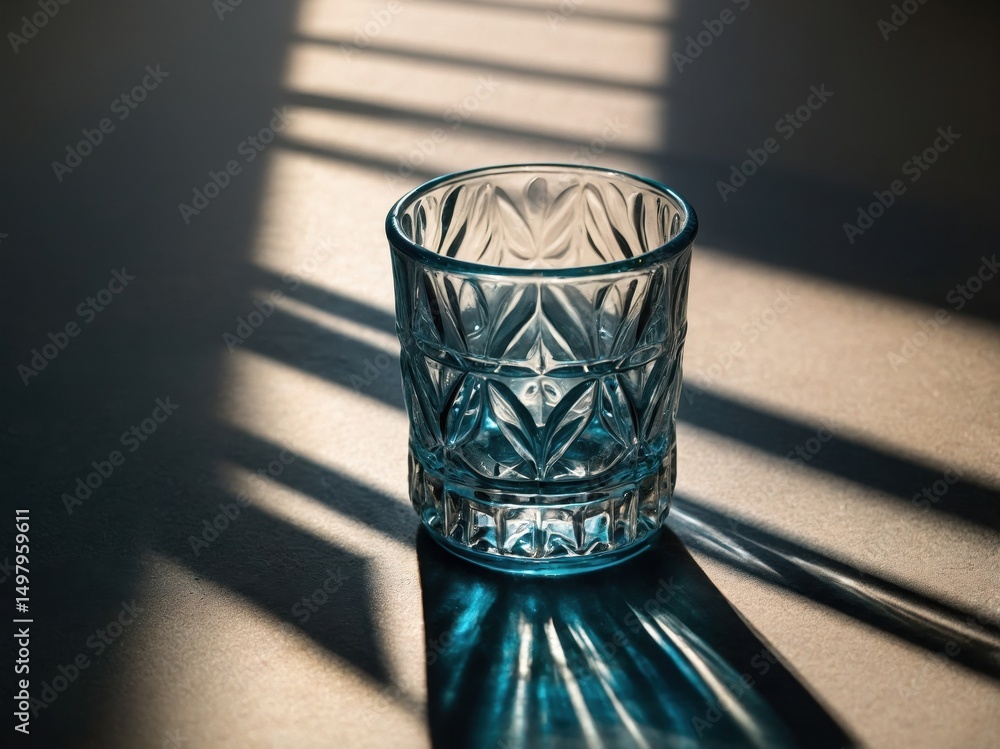 Poster closeup of a textured glass capturing shadows in a softly lit setting during golden hour