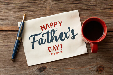 Photo of Happy Father's Day in blue pen on a white napkin next to a red coffee cup on a wooden table, perfect for warm greetings.