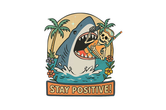 Positive Shark Meme – Stay Positive, Shark biting a skeleton diver with snorkel and mask surrounded by tropical plants and flowers  