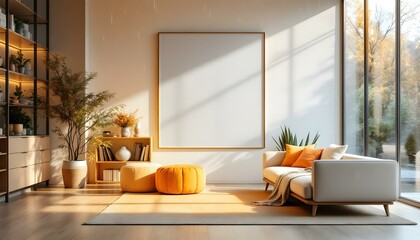 Bright and airy living room with a large white canvas wall, Scandinavian furniture, light wood flooring, and soft pastel accents 