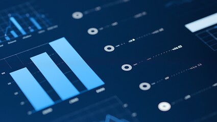 Abstract financial data visualization with bar graphs and charts on a dark blue background