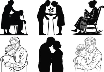 Grandparent Silhouette clipart SVG Bundle, Grandparent's Vector Illustration Set. Grandma and Grandpa Silhouette, Cherished Family Moments, Senior Couple, Grandparent Hug,  Family Celebrations.