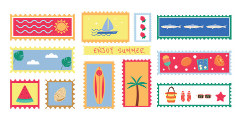 Summer time stickers in wavy frame set. Sun, sailboat, watermelon, glasses, palm, sardines, citrus, seashell, slingback, surfboard. Vector illustration 