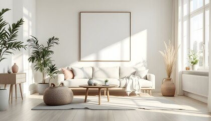 Bright and airy living room with a large white canvas wall, Scandinavian furniture, light wood flooring, and soft pastel accents 