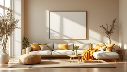 Bright and airy living room with a large white canvas wall, Scandinavian furniture, light wood flooring, and soft pastel accents 